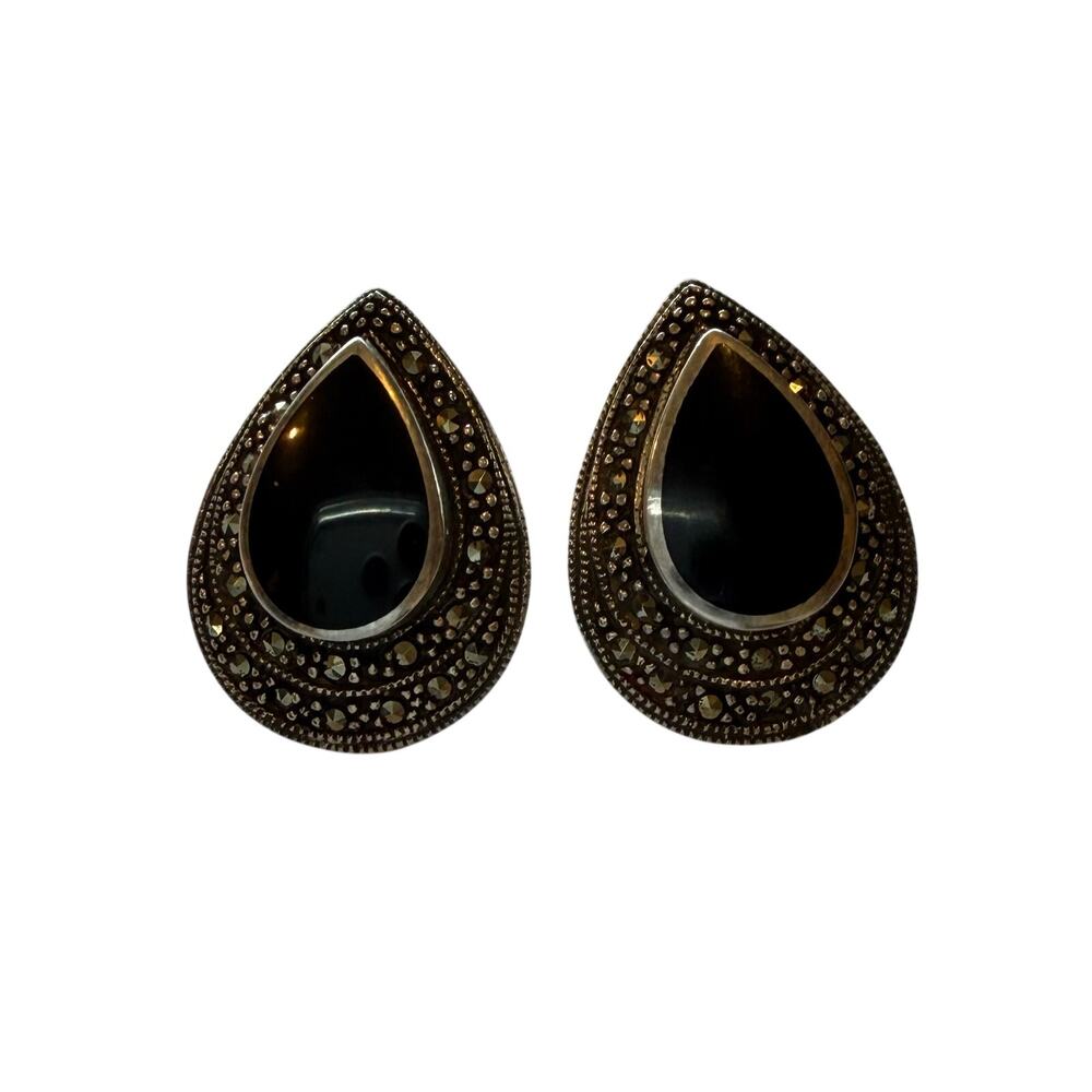 925 Sterling Silver - Vintage Onyx & Marcasite Tear Drop Earrings - Posts